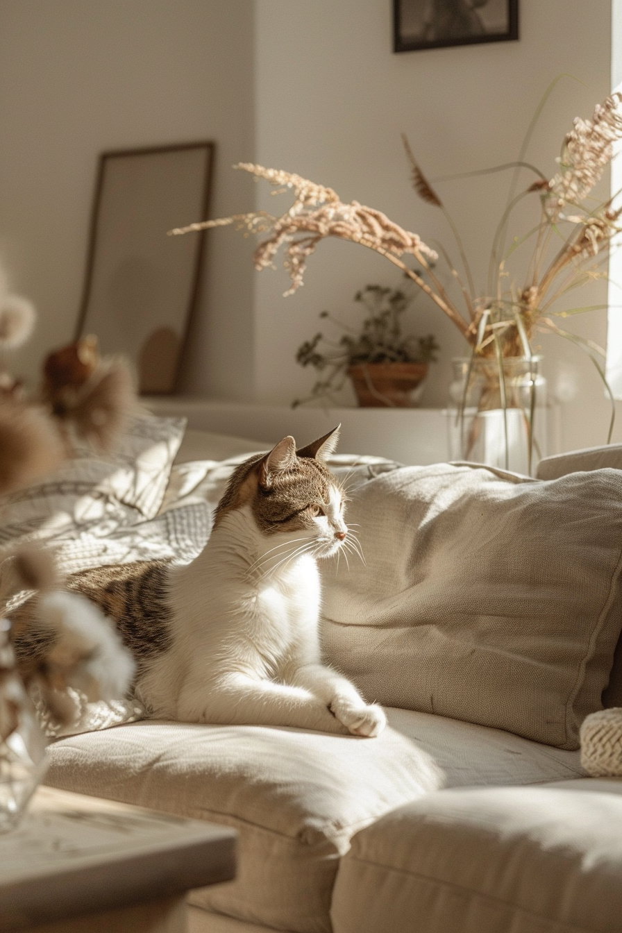 Cozy cat decor with soft textures and warm lighting