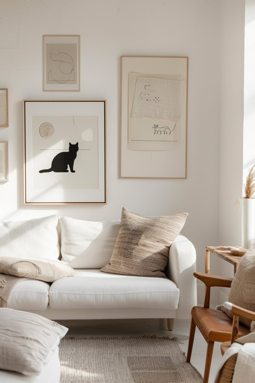 Modern gallery wall featuring minimal cat art prints