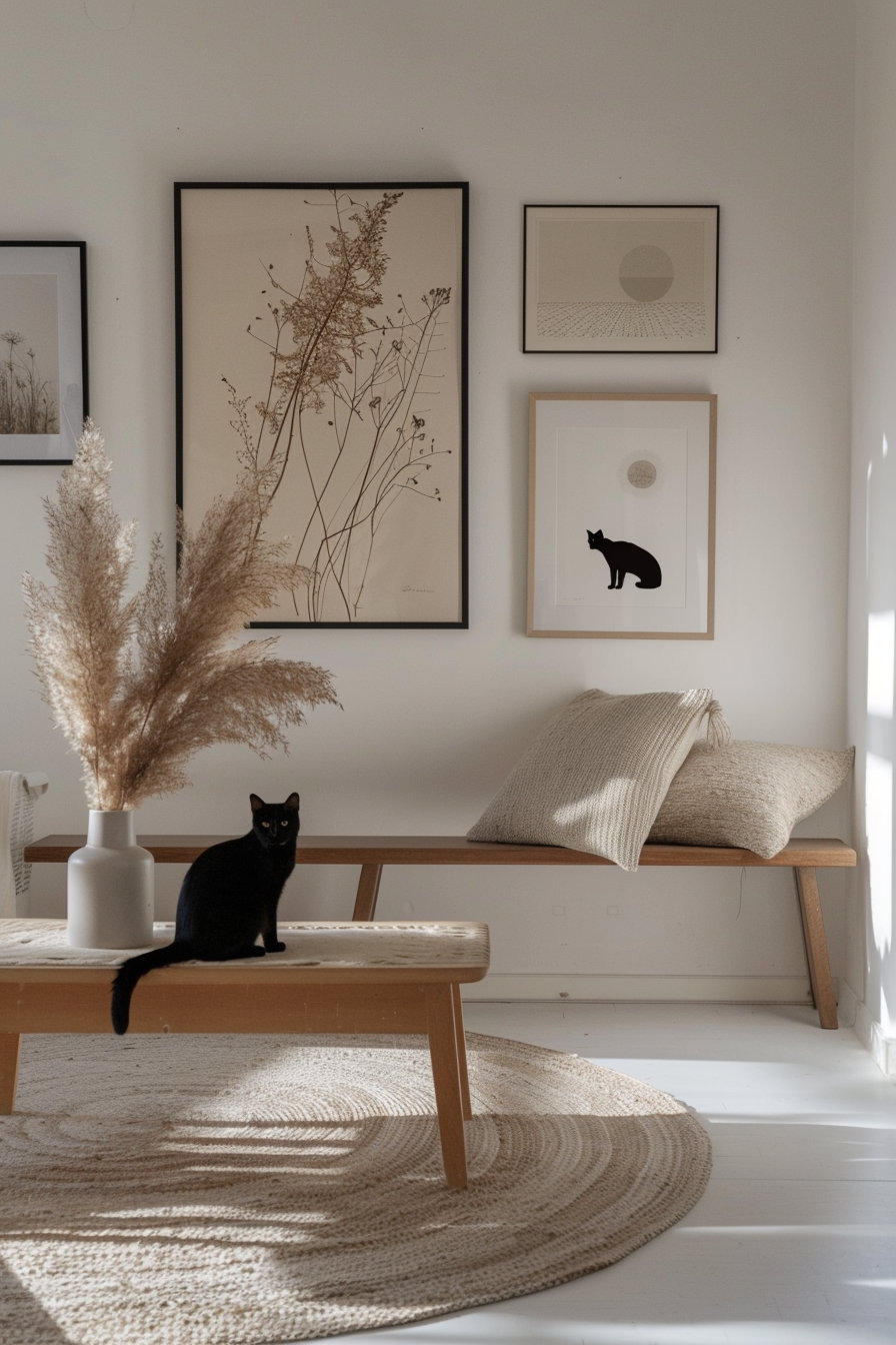 Modern gallery wall featuring cat art prints in minimal aesthetic