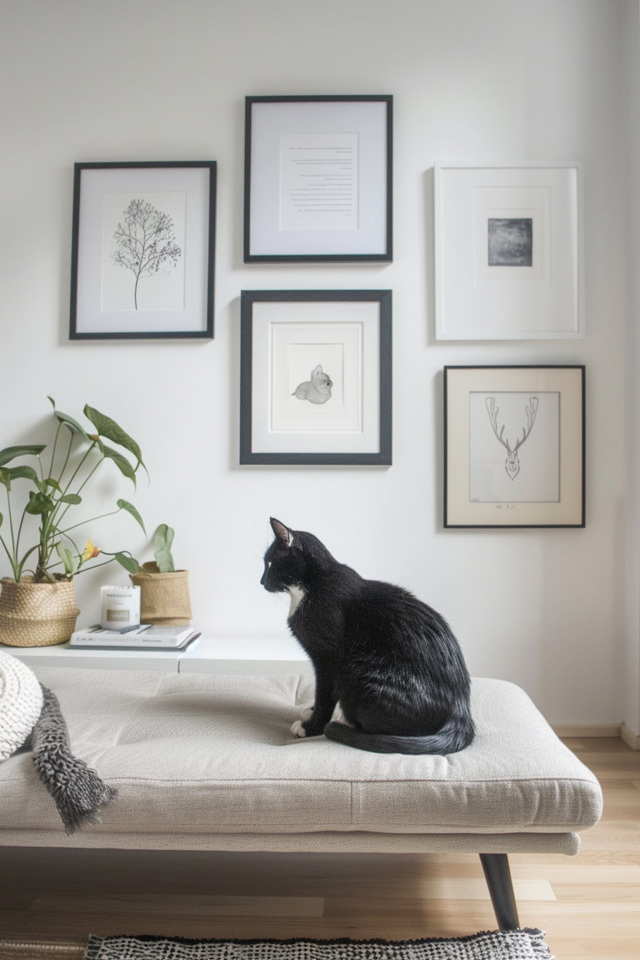 Modern gallery wall featuring minimal cat art prints