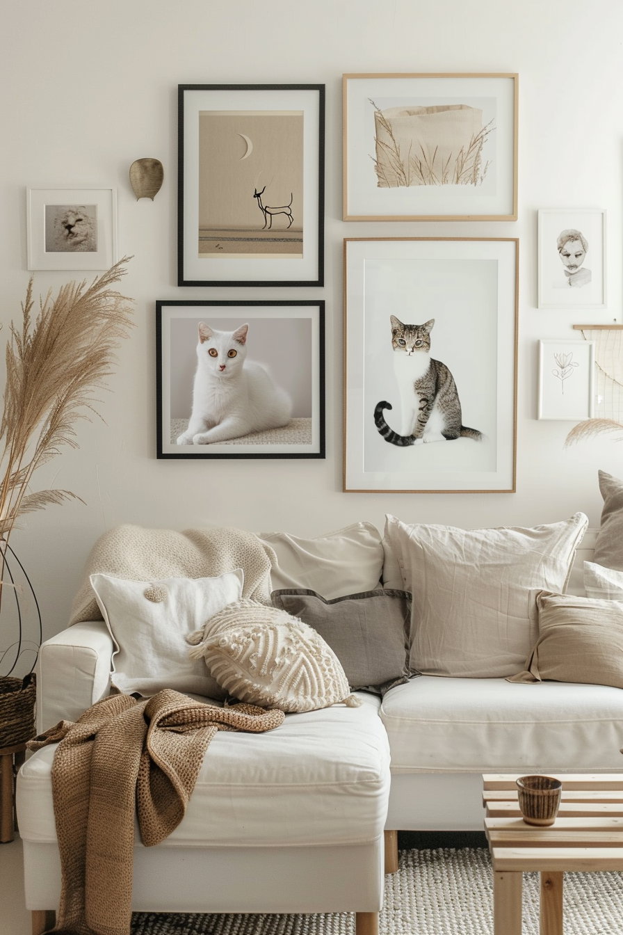 Modern gallery wall featuring minimal cat art prints