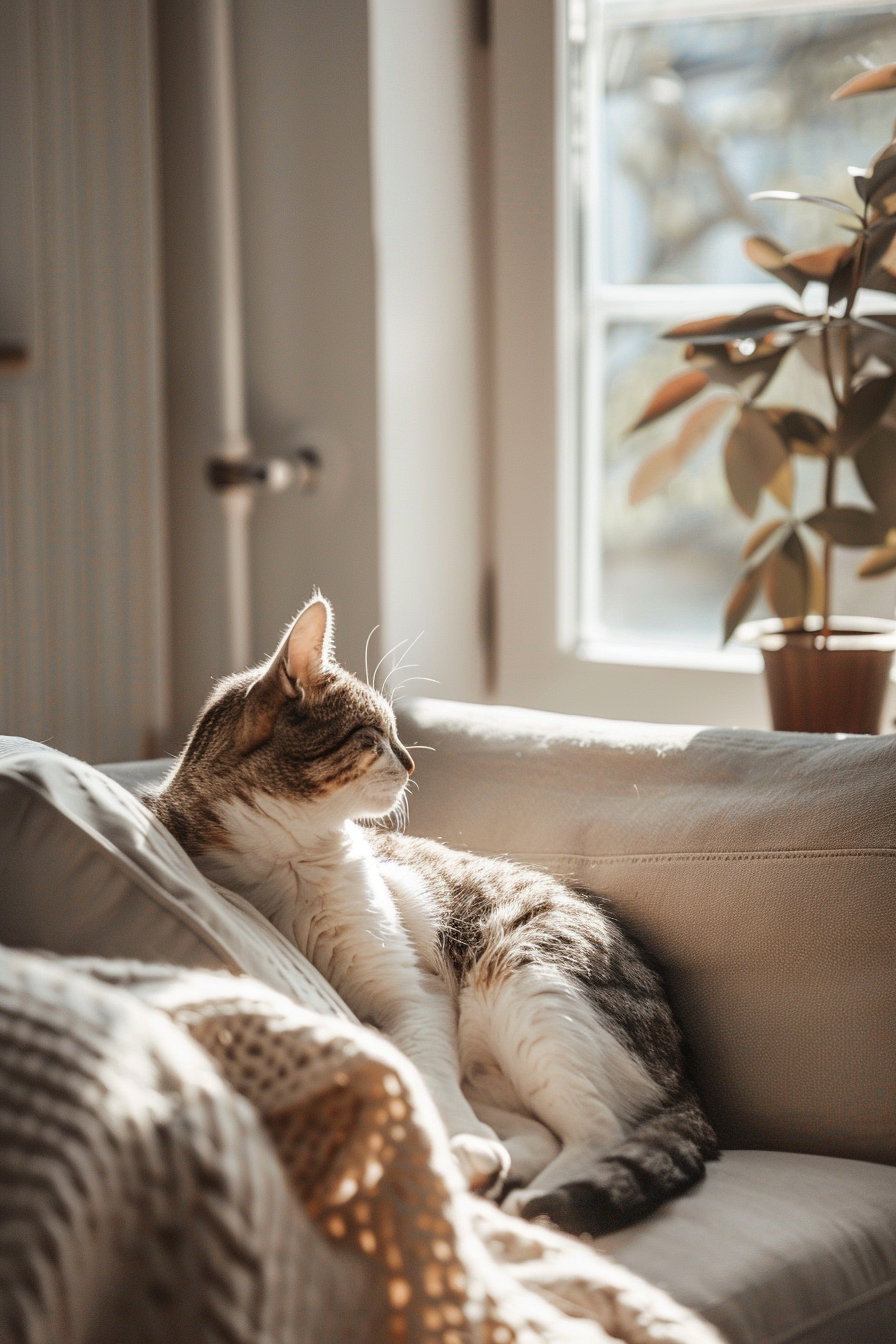 Minimalist cat lounging in a cozy modern room