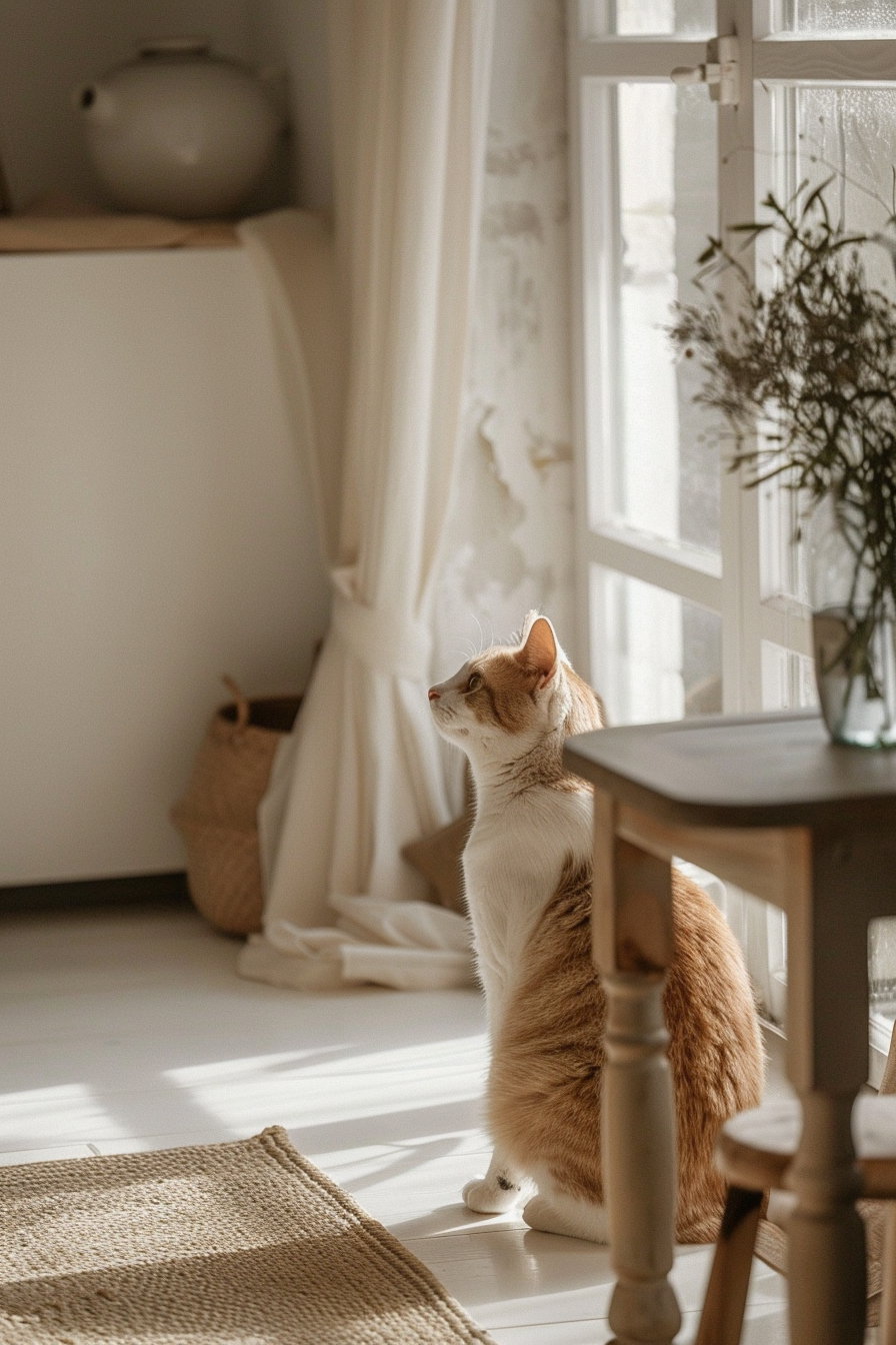 Minimalist cat lounging in a cozy modern room