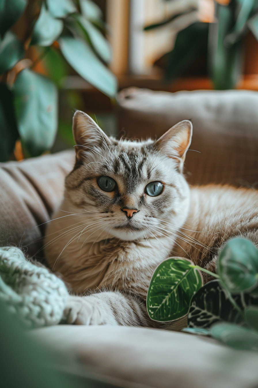 Minimalist cat lounging in a cozy modern room