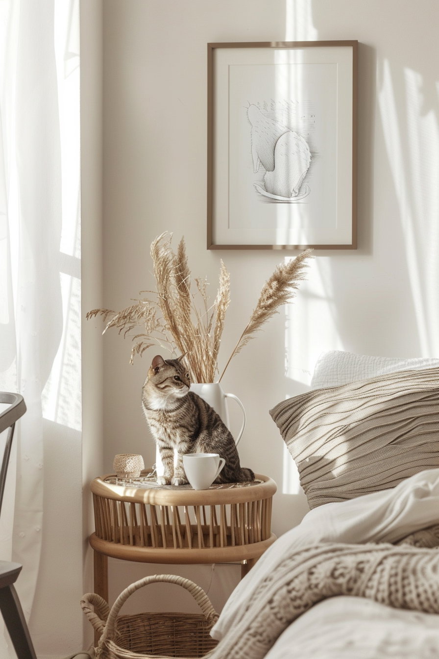 Modern cat decor in minimal bedroom with framed poster