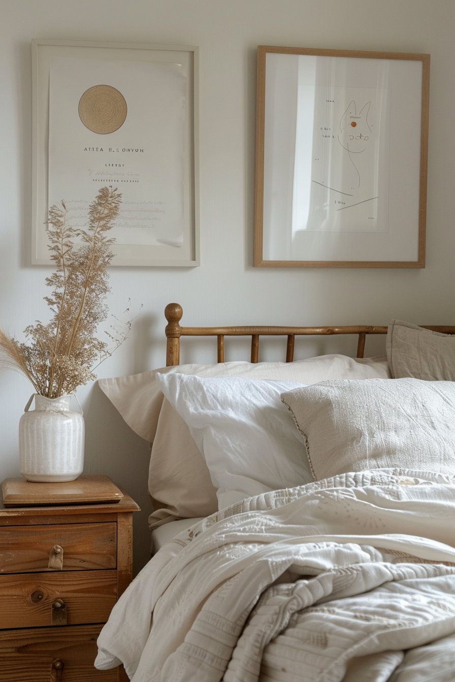 Modern cat decor in minimal bedroom with framed poster