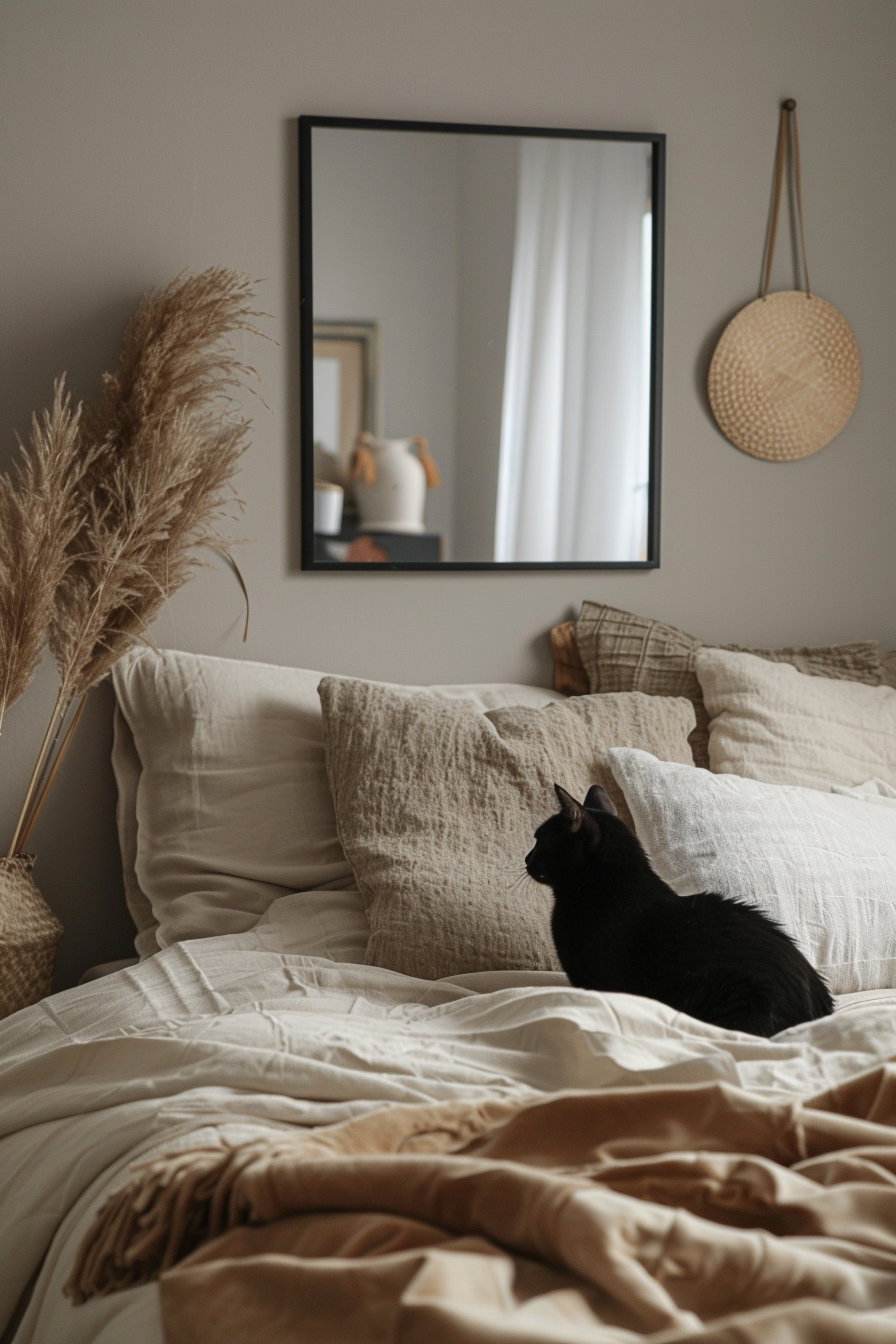 Modern cat decor in minimal bedroom with neutral colors