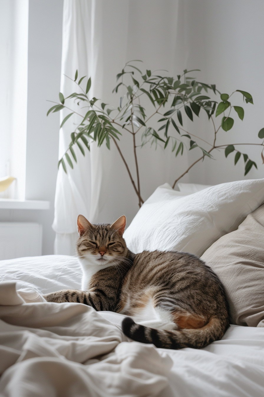Cozy cat lounging in minimal modern bedroom decor