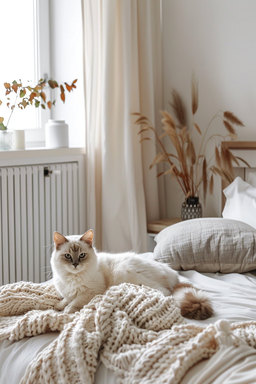Cozy cat lounging in modern bedroom with neutral decor