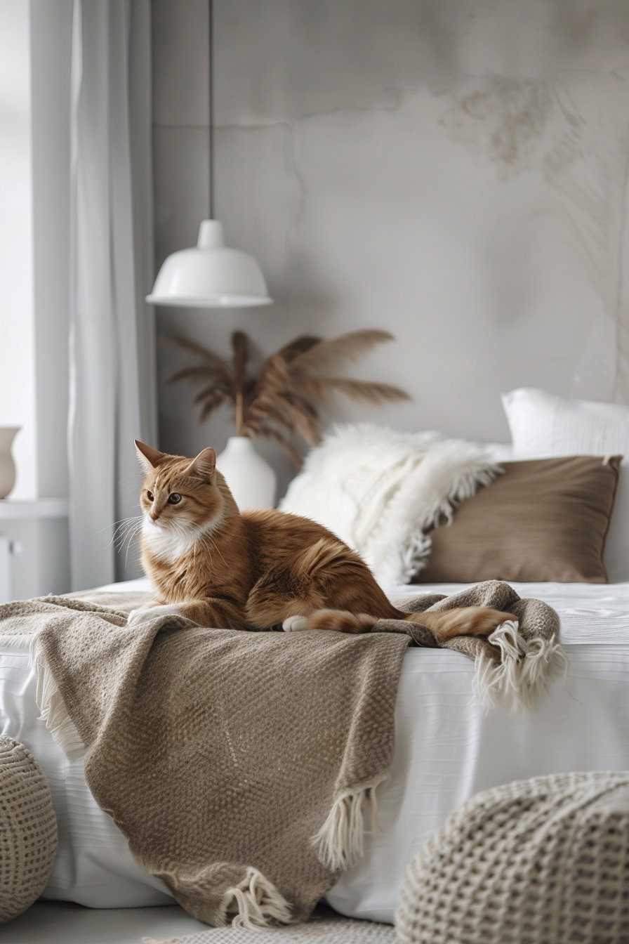 Cozy cat lounging in modern bedroom with minimal decor
