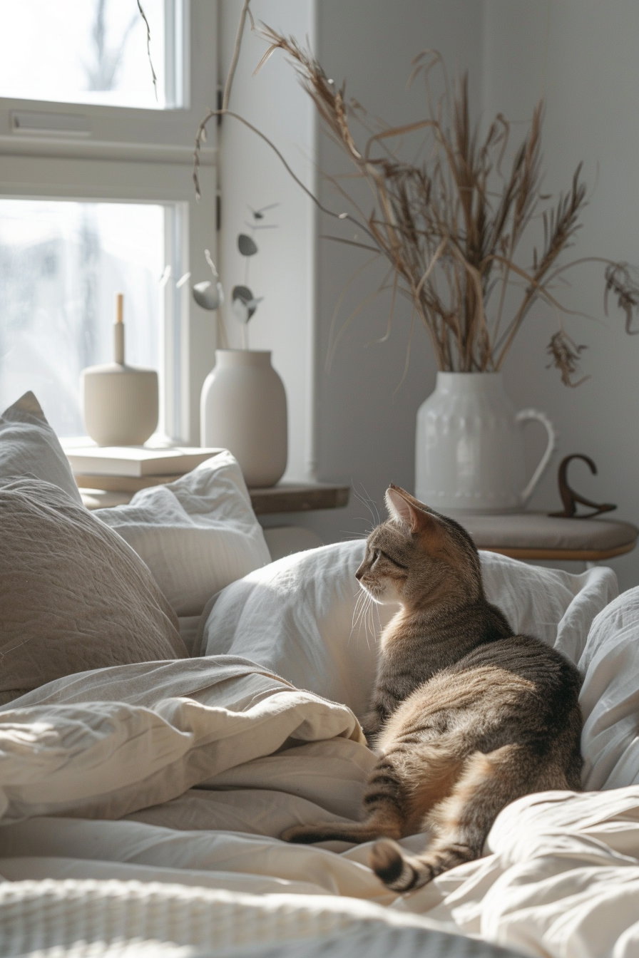 Cozy cat lounging in a modern, minimal bedroom