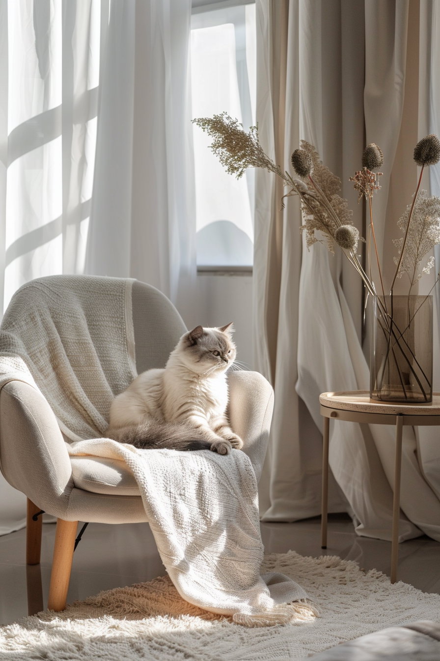 Cozy cat lounging in a modern neutral-toned room