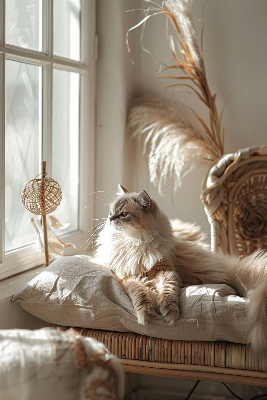 Cozy cat lounging in modern neutral palette room