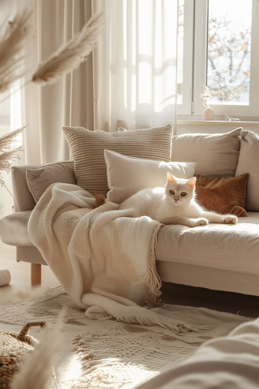 Cozy cat lounging in a modern, neutral-toned room