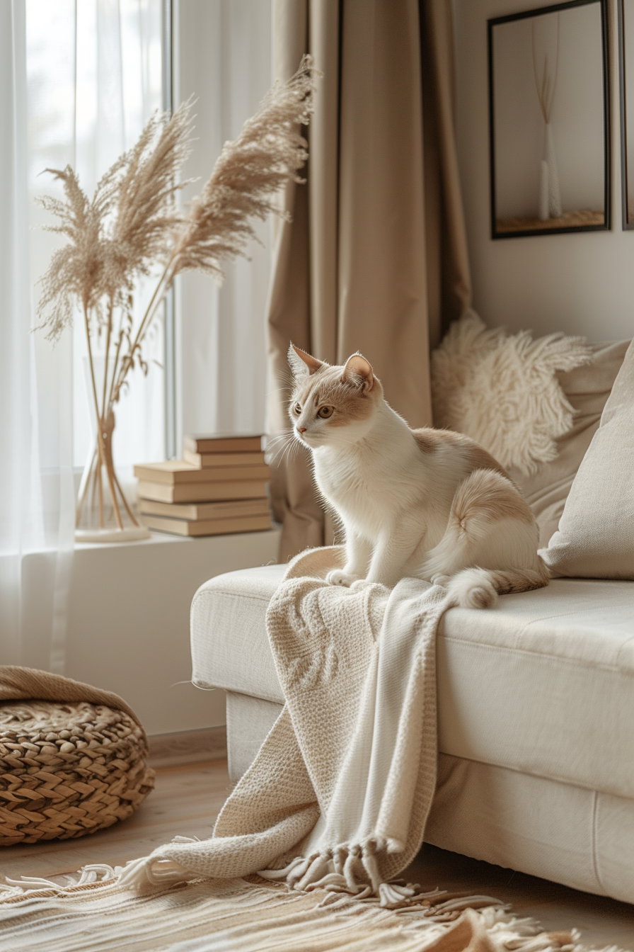 Cozy cat lounging in modern neutral palette room