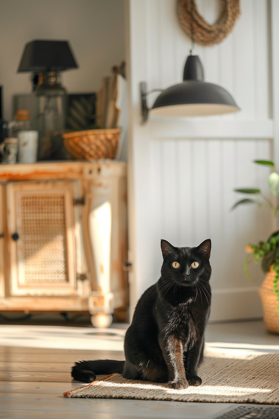 Black cat lounging in minimal modern decor with soft lighting