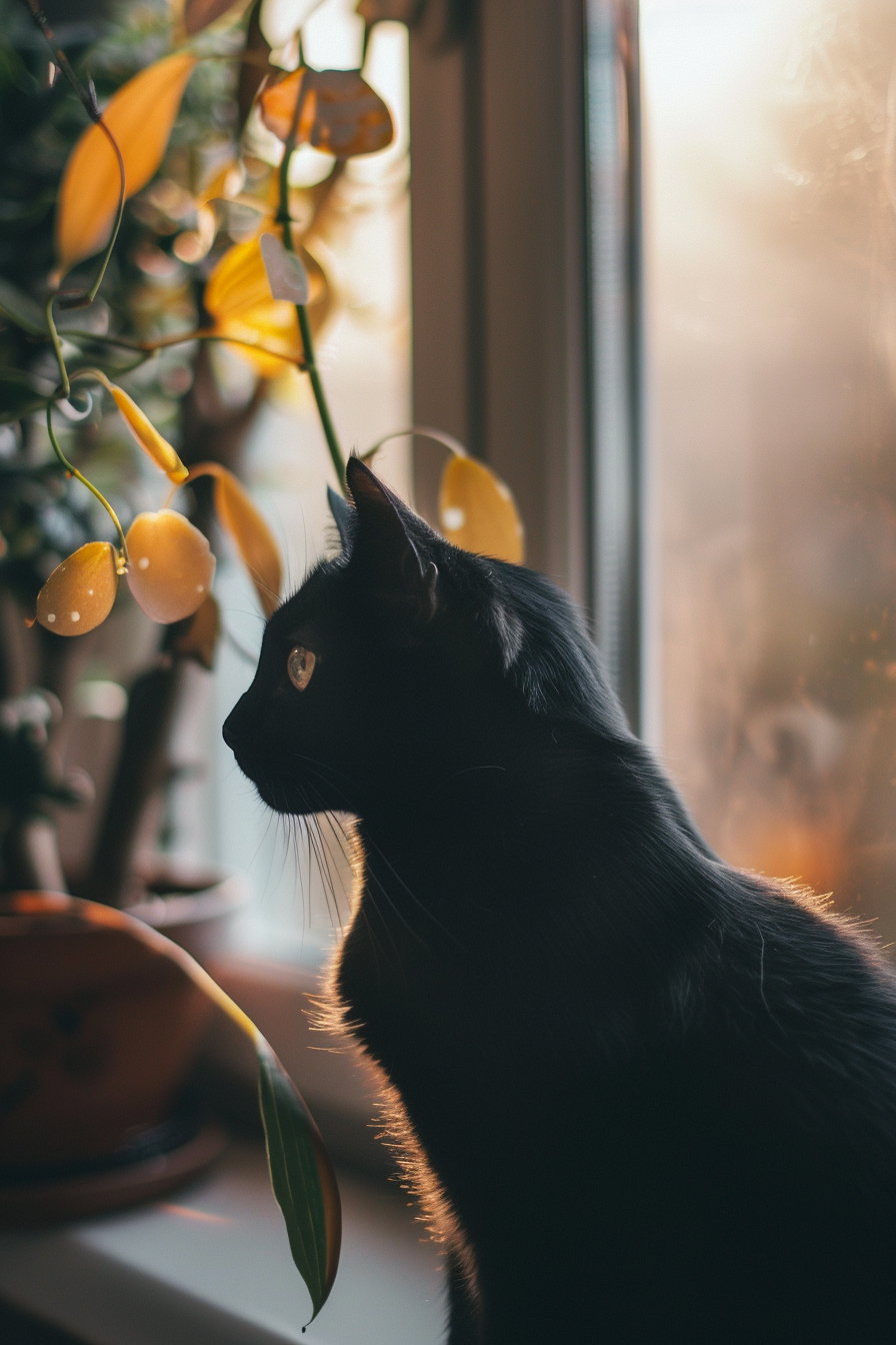 Black cat lounging in minimal aesthetic interior with soft lighting