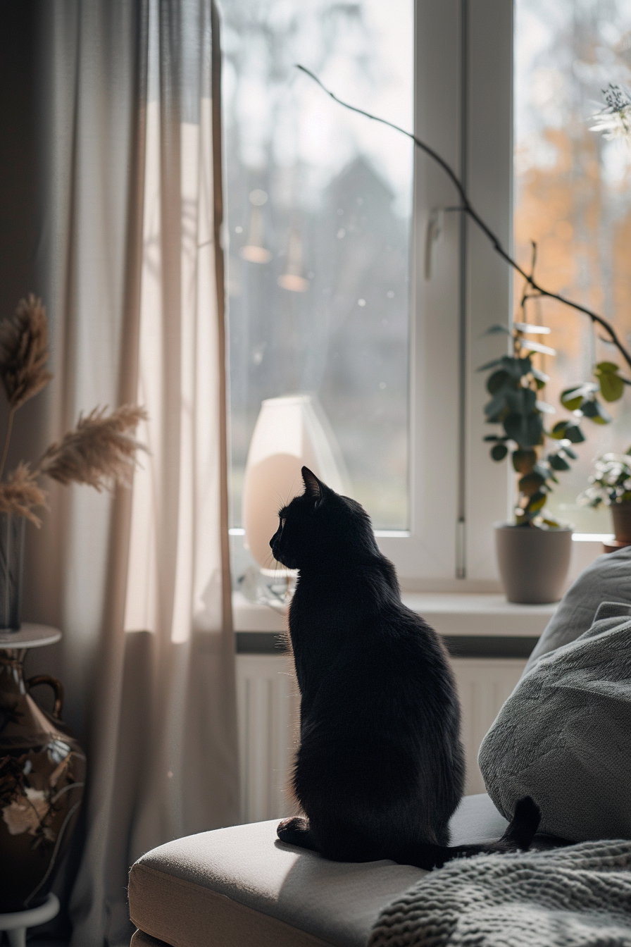 Black cat lounging in minimal aesthetic modern interior decor