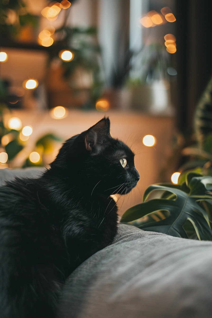 Black cat lounging in minimalistic modern decor with soft lighting