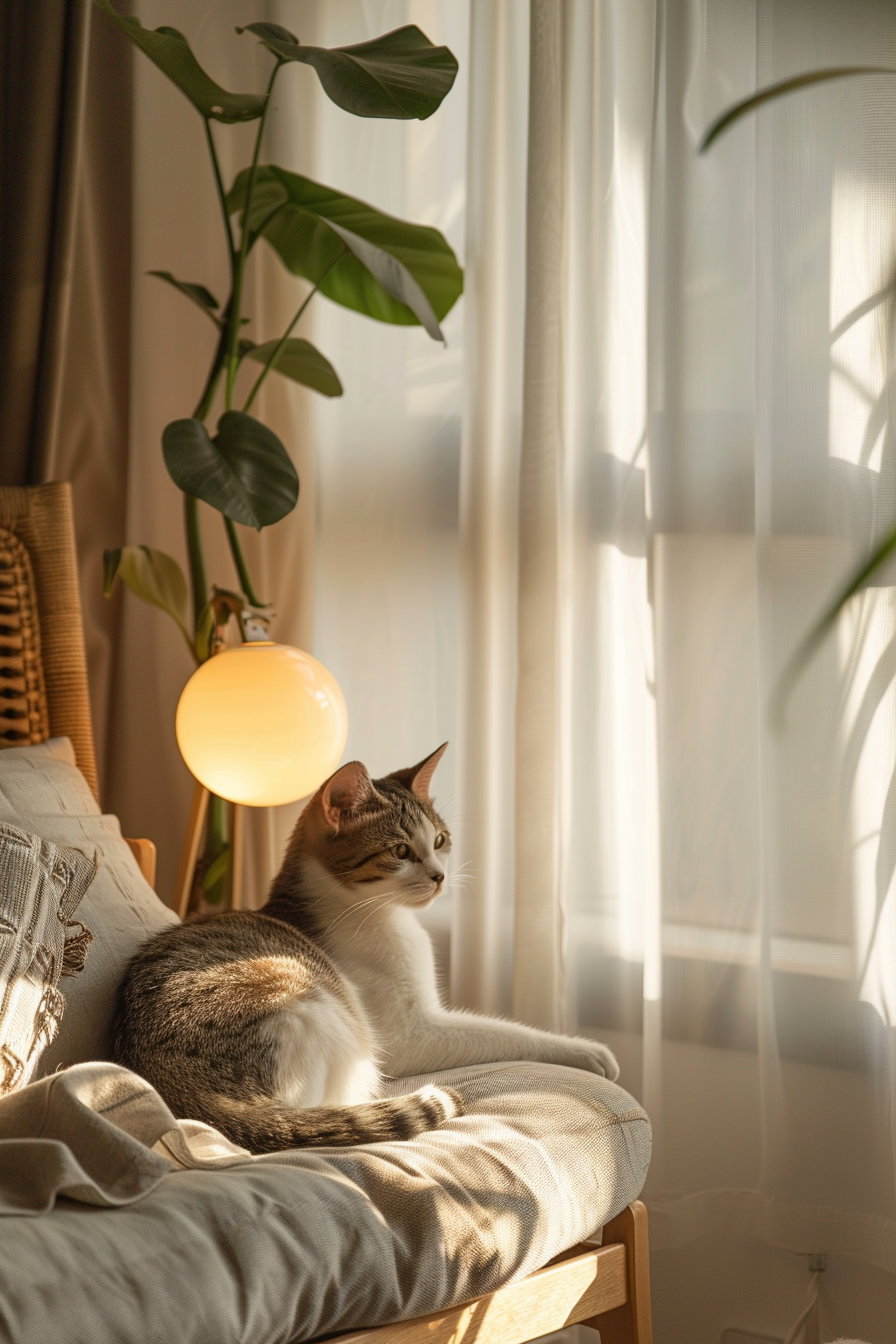 Cozy corner with modern cat decor and soft fabrics