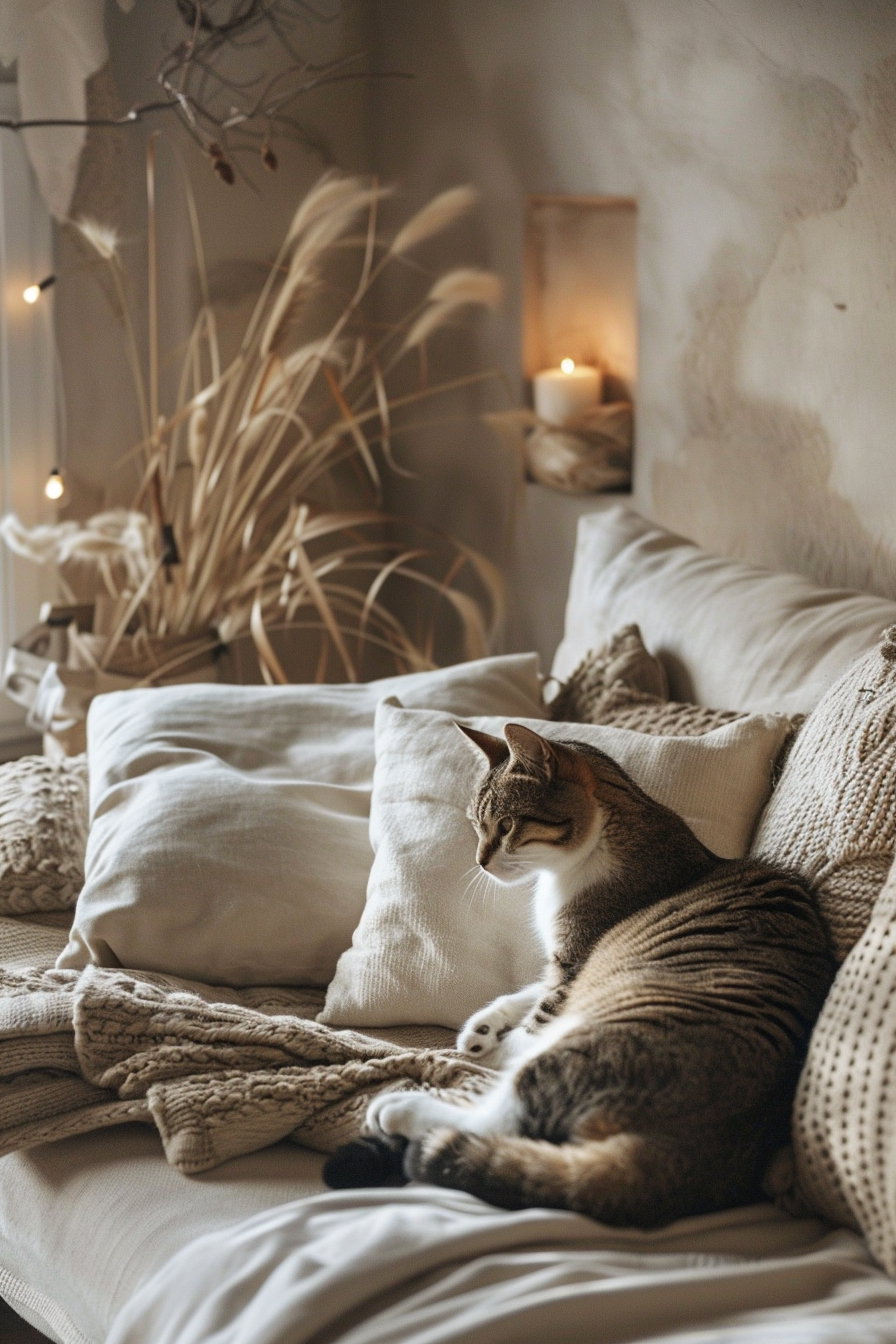 Cozy corner with modern cat decor and soft fabrics