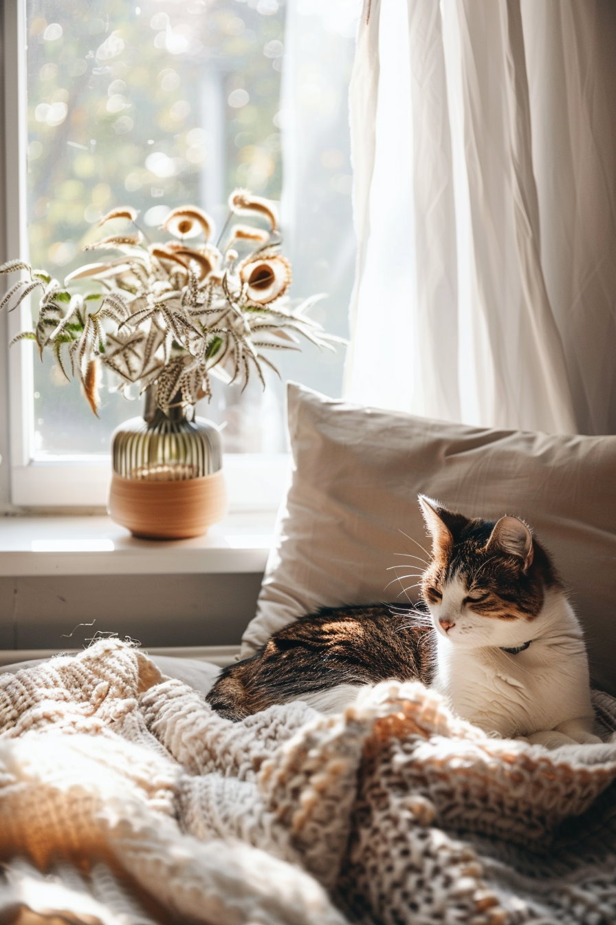 Cozy corner with modern cat decor and soft fabrics