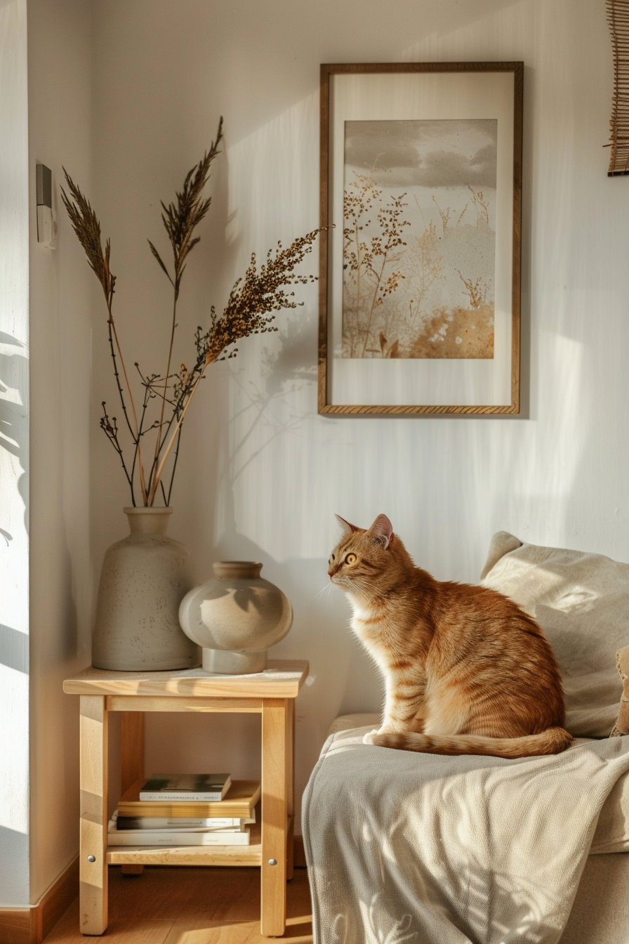 Minimalist cat decor in warm tones with stylish interior design