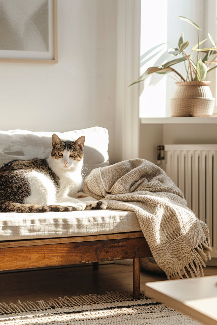 Minimalist cat decor in warm tones with stylish interior design