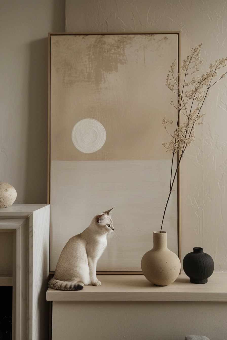 Minimalist cat decor in warm tones with stylish interior design