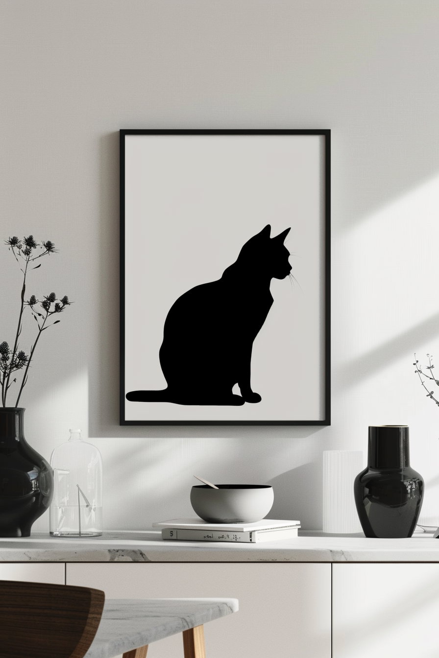 Minimalist cat wall art on clean white background