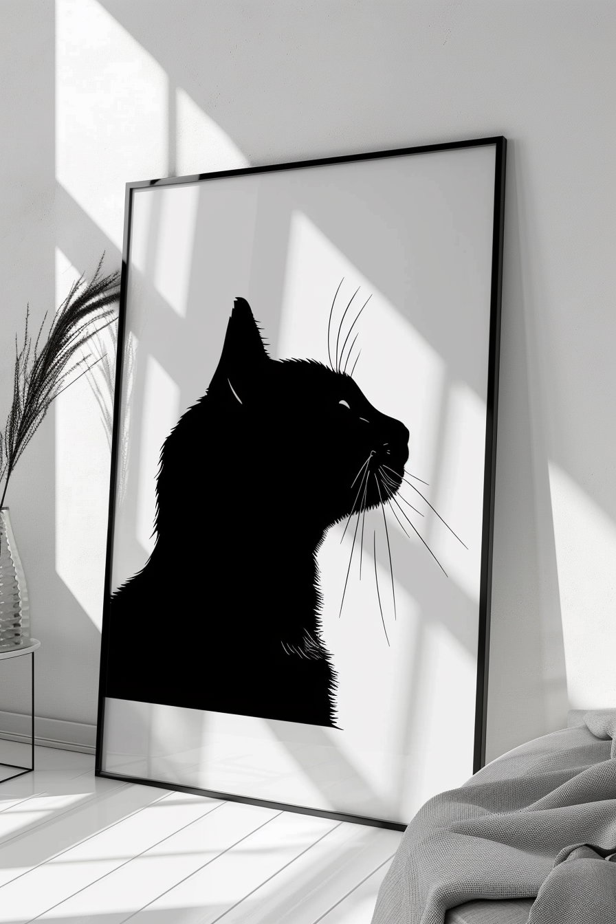 Minimalist cat wall art on clean white background