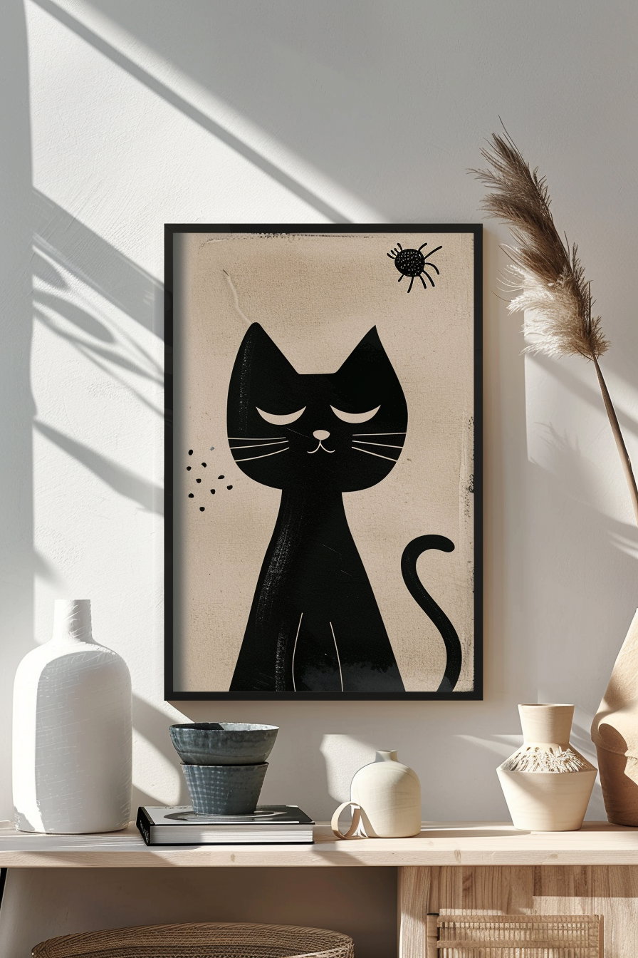 Modern cat wall art print in simple frame on neutral background