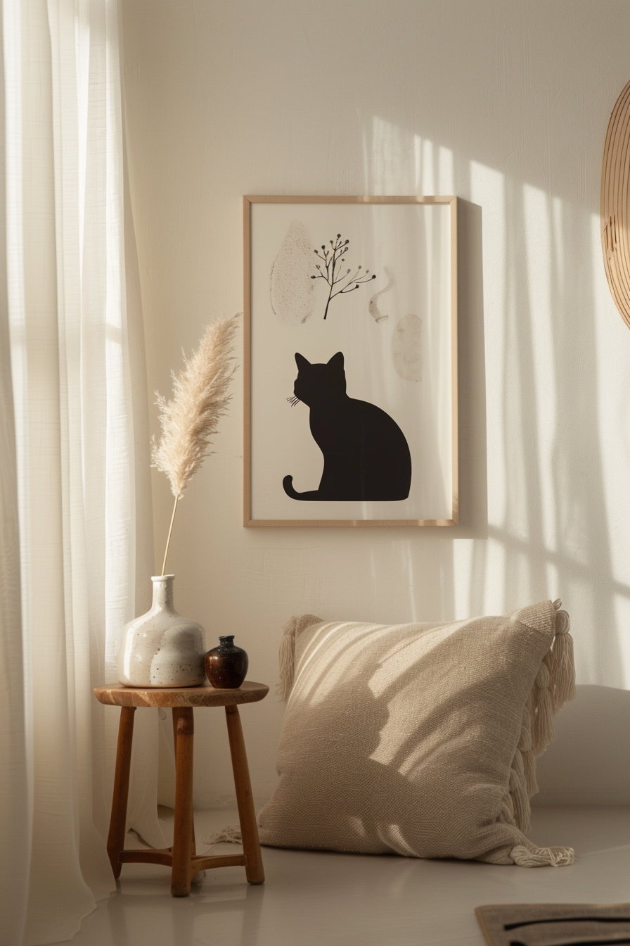 Modern cat wall art print with simple frame and neutral background