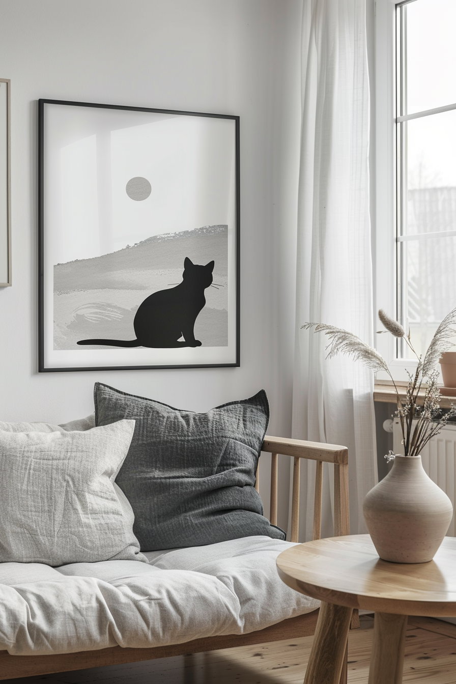 Minimalist cat artwork in neutral tones for modern decor