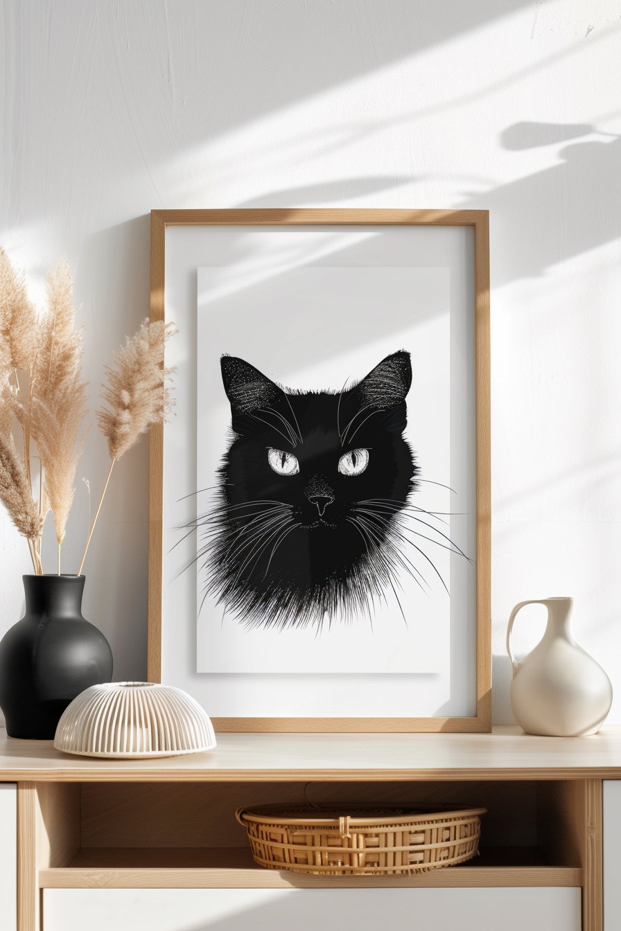 Modern cat art print in wooden frame on white wall