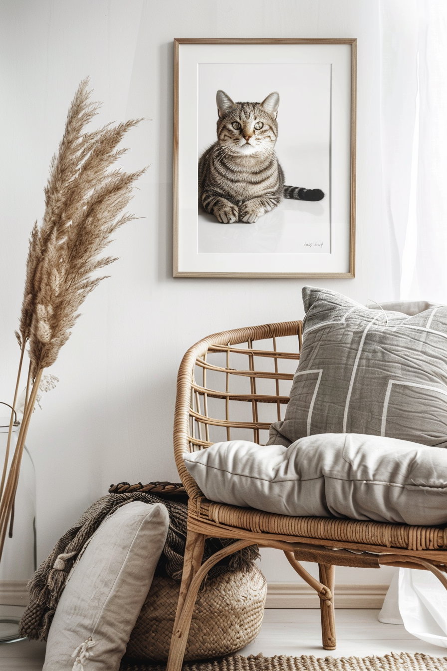 Modern cat art print in wooden frame on white wall