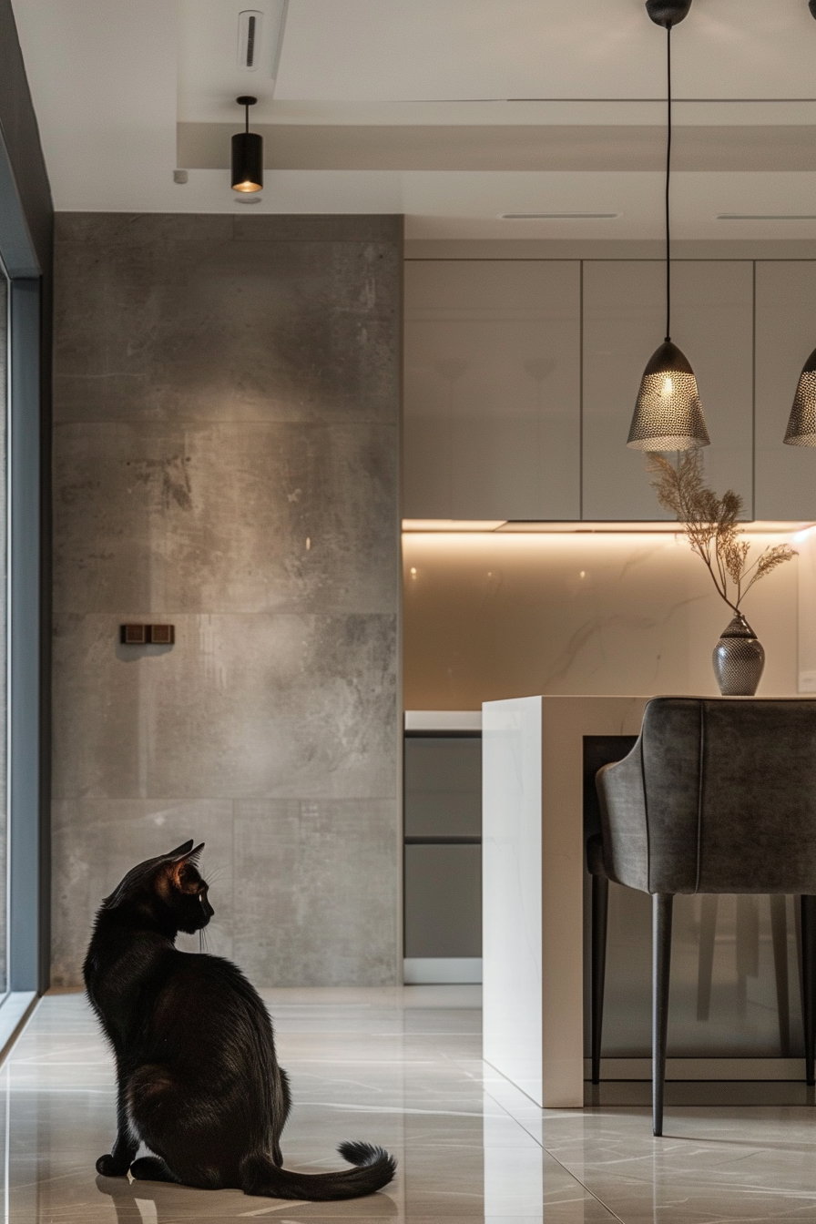 Black cat lounging in modern elegant interior with neutral tones