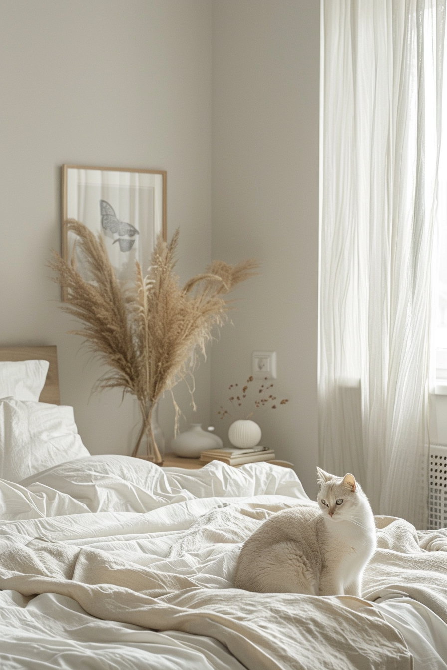 Minimalist cat decor in luxury modern bedroom with soft textures