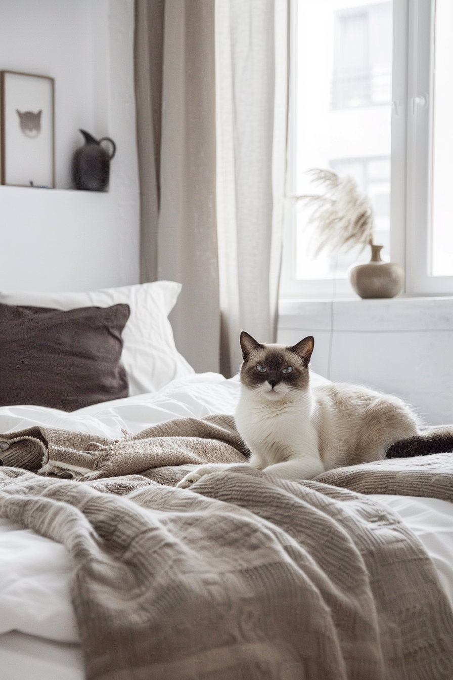 Minimalist cat decor in luxury modern bedroom with soft textures
