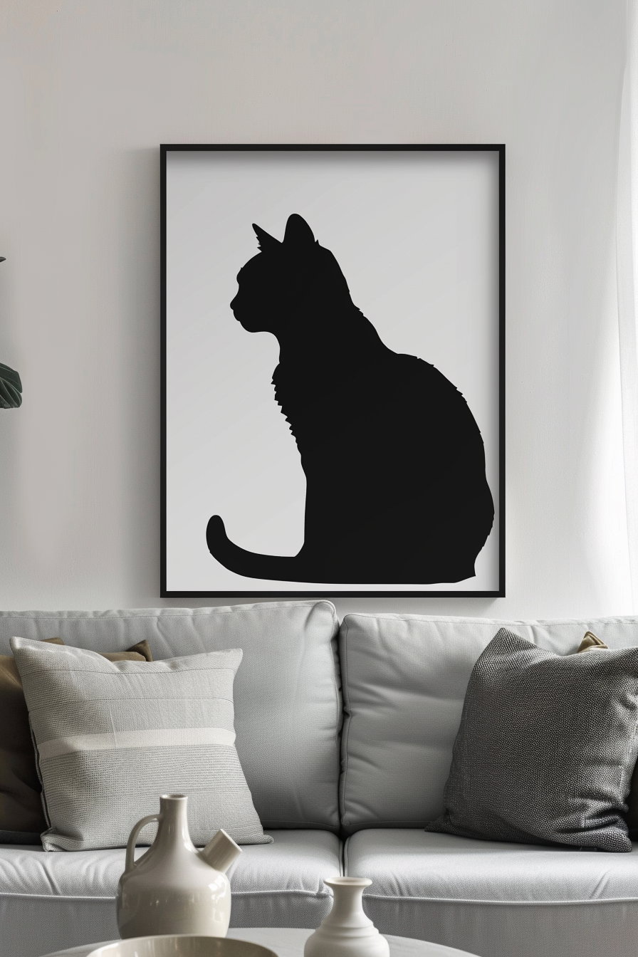 Modern cat wall art in elegant frame on stylish interior