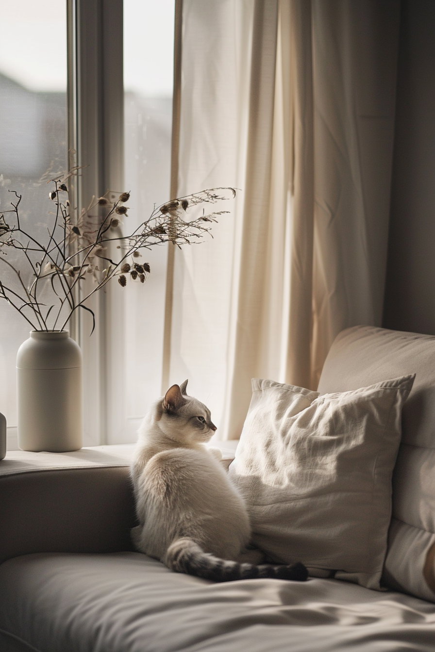 Luxury minimalist interior with modern cat decor and soft light