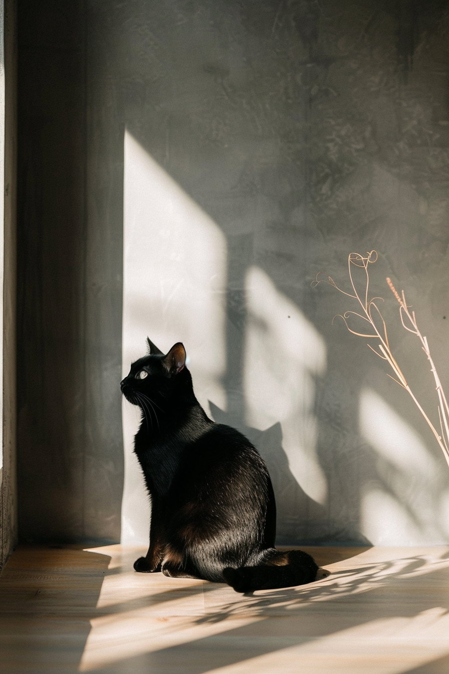 Black cat lounging in stylish modern interior with soft shadows