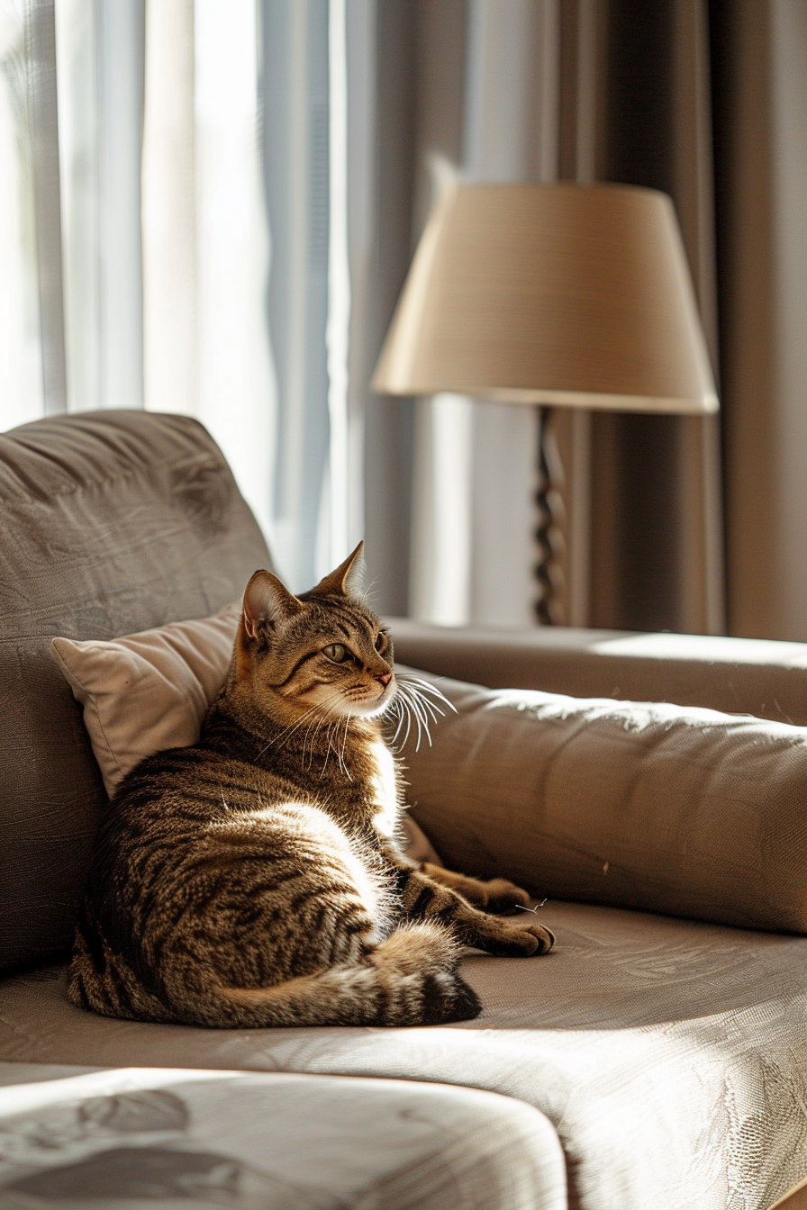 Cat lounging in elegant modern luxury interior with warm light