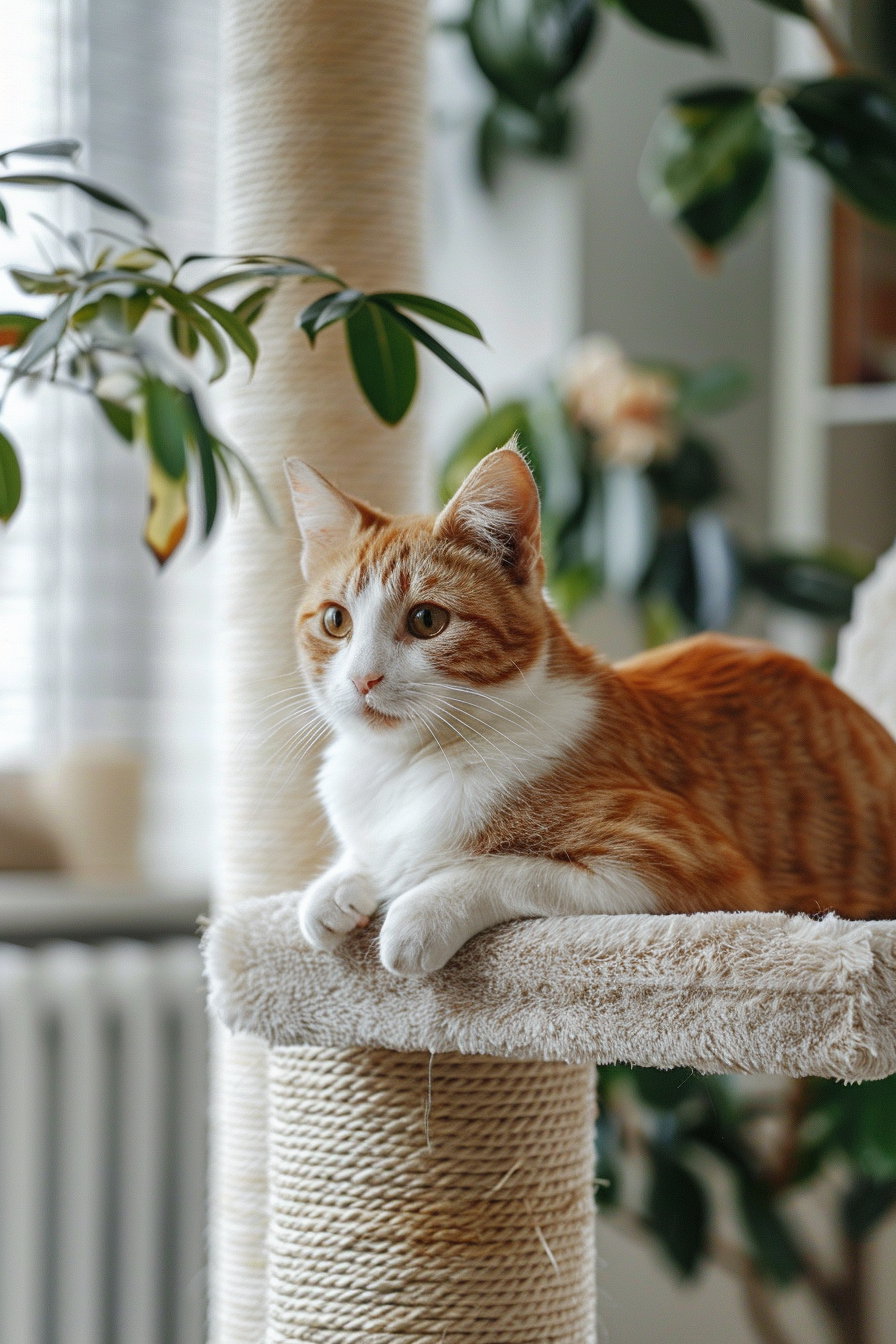 Elegant cat lounging in modern luxury interior with soft textures