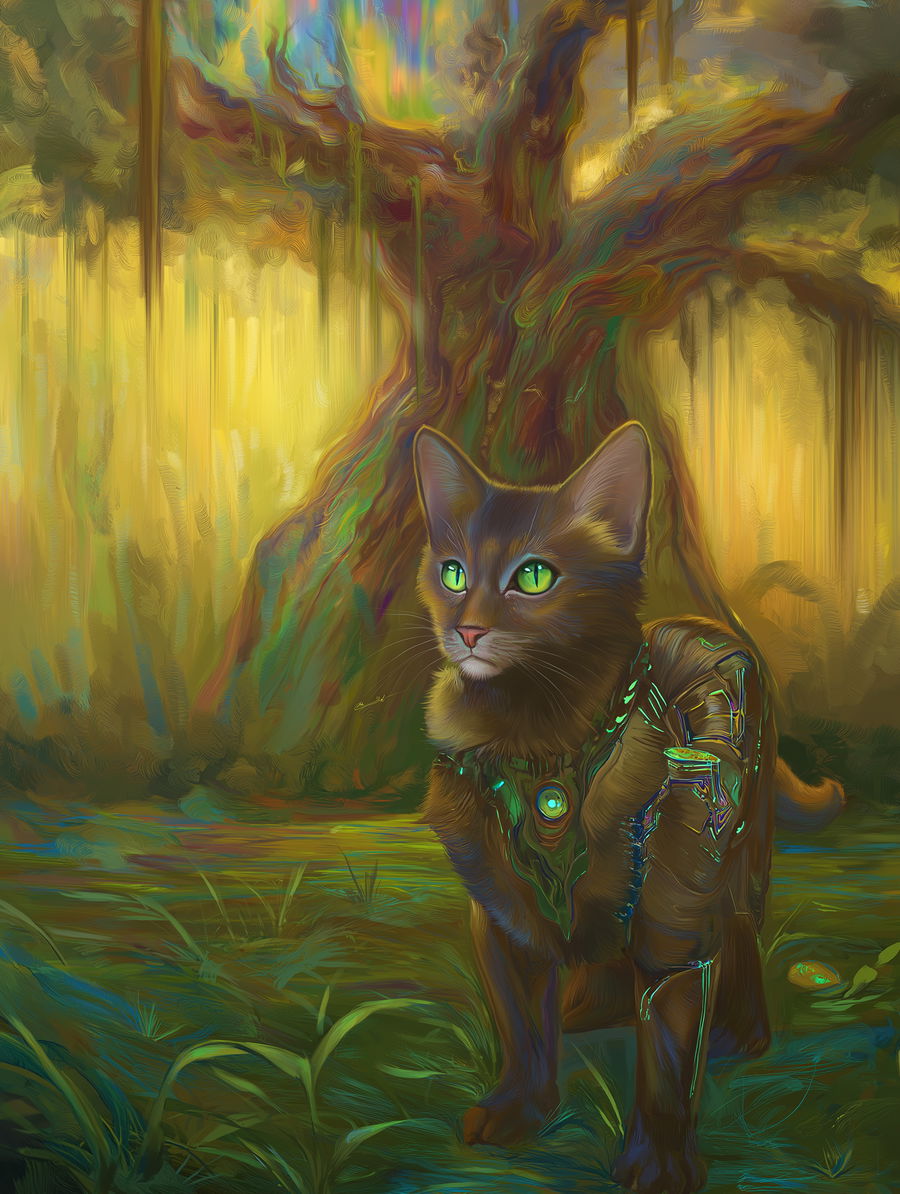 Moe cat with emerald eyes in a glowing forest