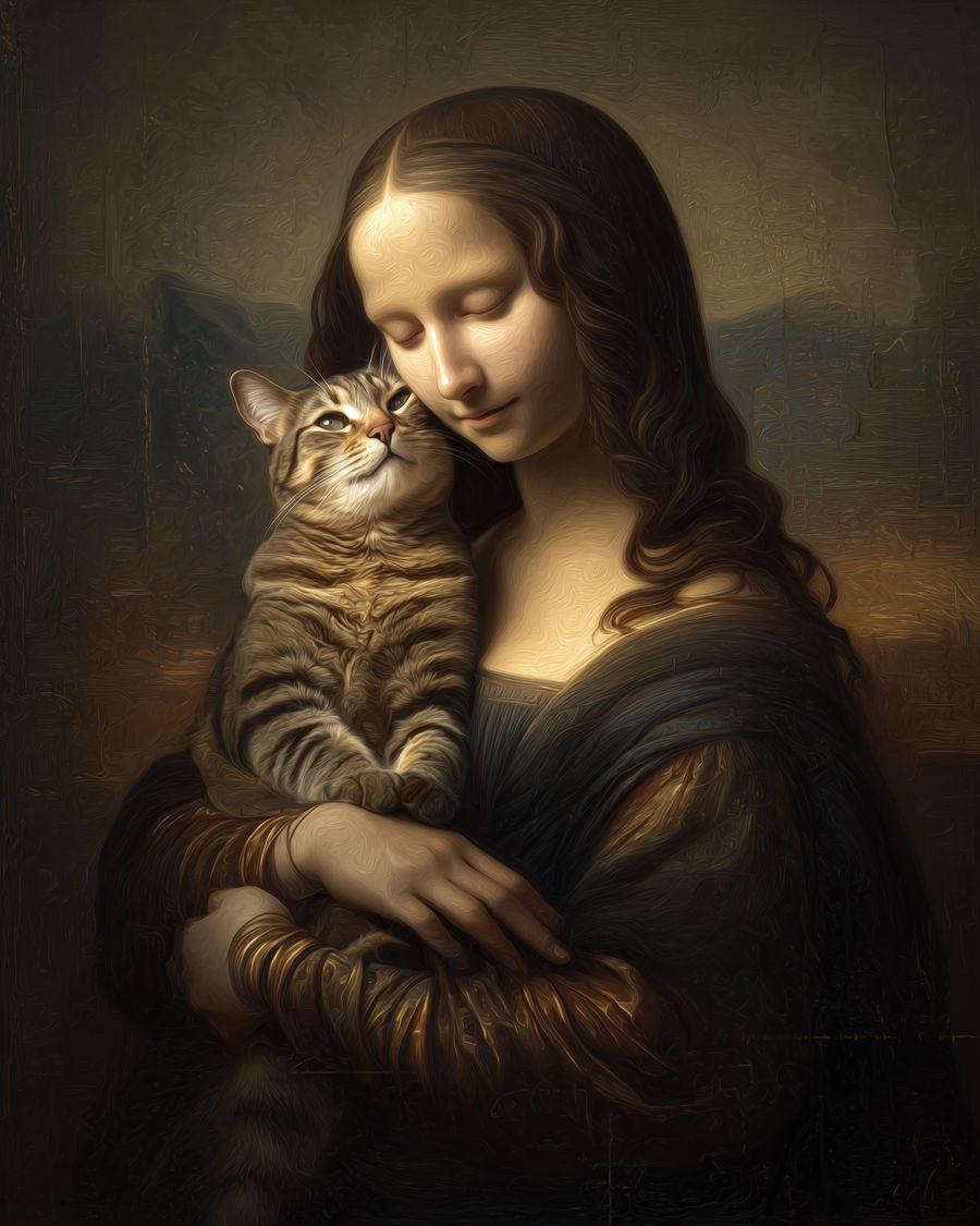 Mona Lisa holding a tabby cat in realistic style