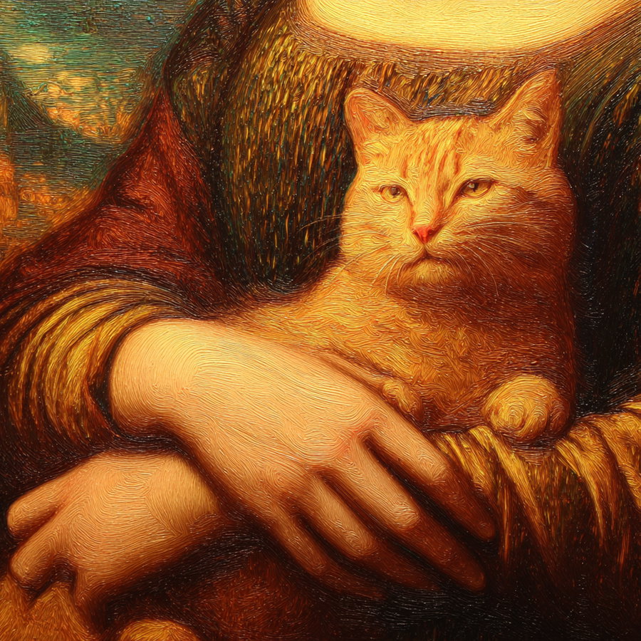 Mona Lisa holding a relaxing orange cat in oil paint