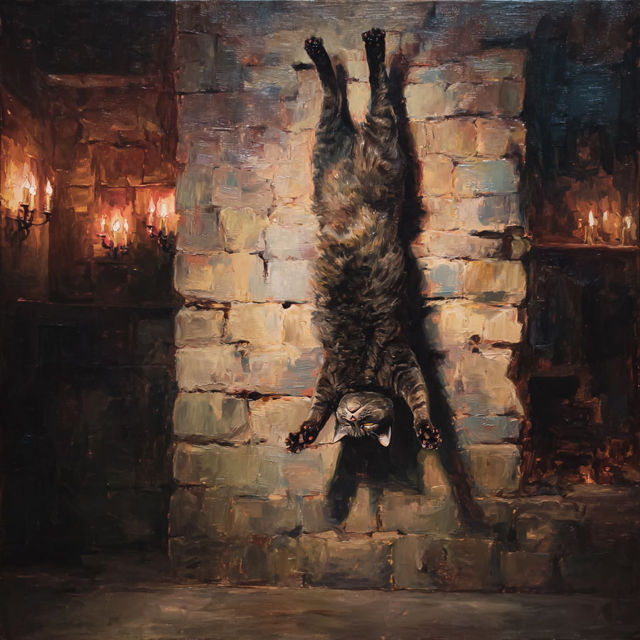 Petrified Mrs. Norris hanging upside down on Hogwarts wall