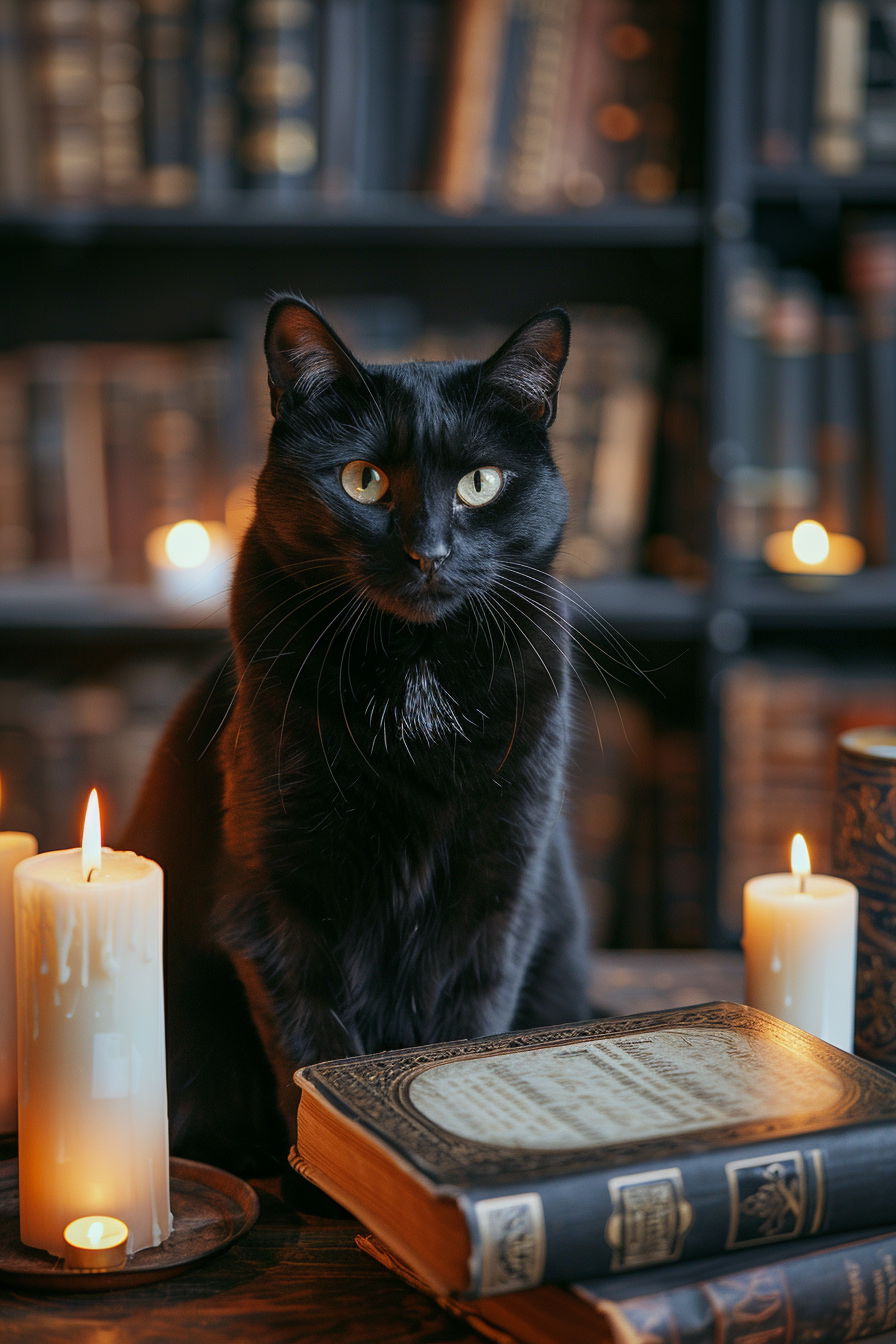 Mysterious black cat on wooden table with glowing candles