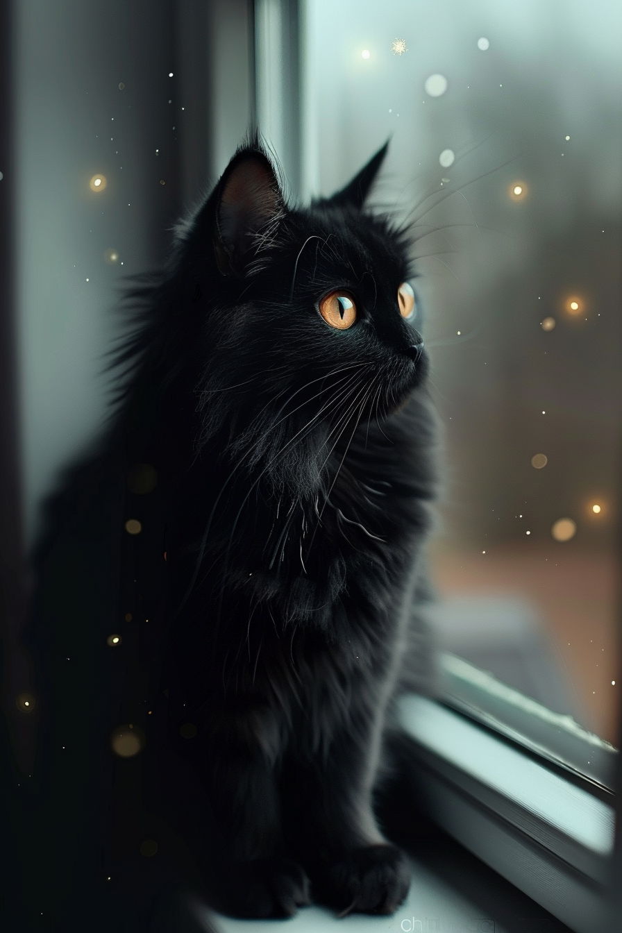 Fluffy black cat with glowing eyes on windowsill under full moon